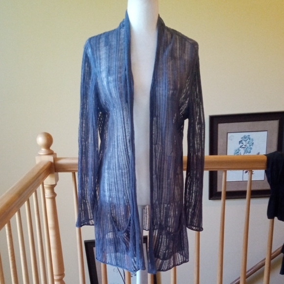 Neiman Marcus Navy Sheer Open Knit 100% Linen Sweater Cardigan With Pockets - Picture 1 of 7